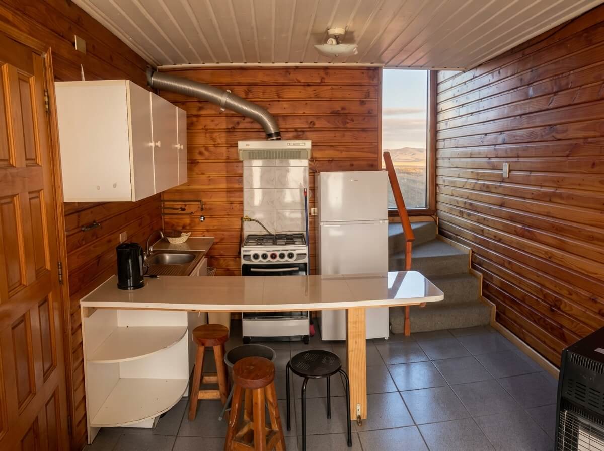 Cocina equipada de una cabaña con refrigerador y cocina a gas