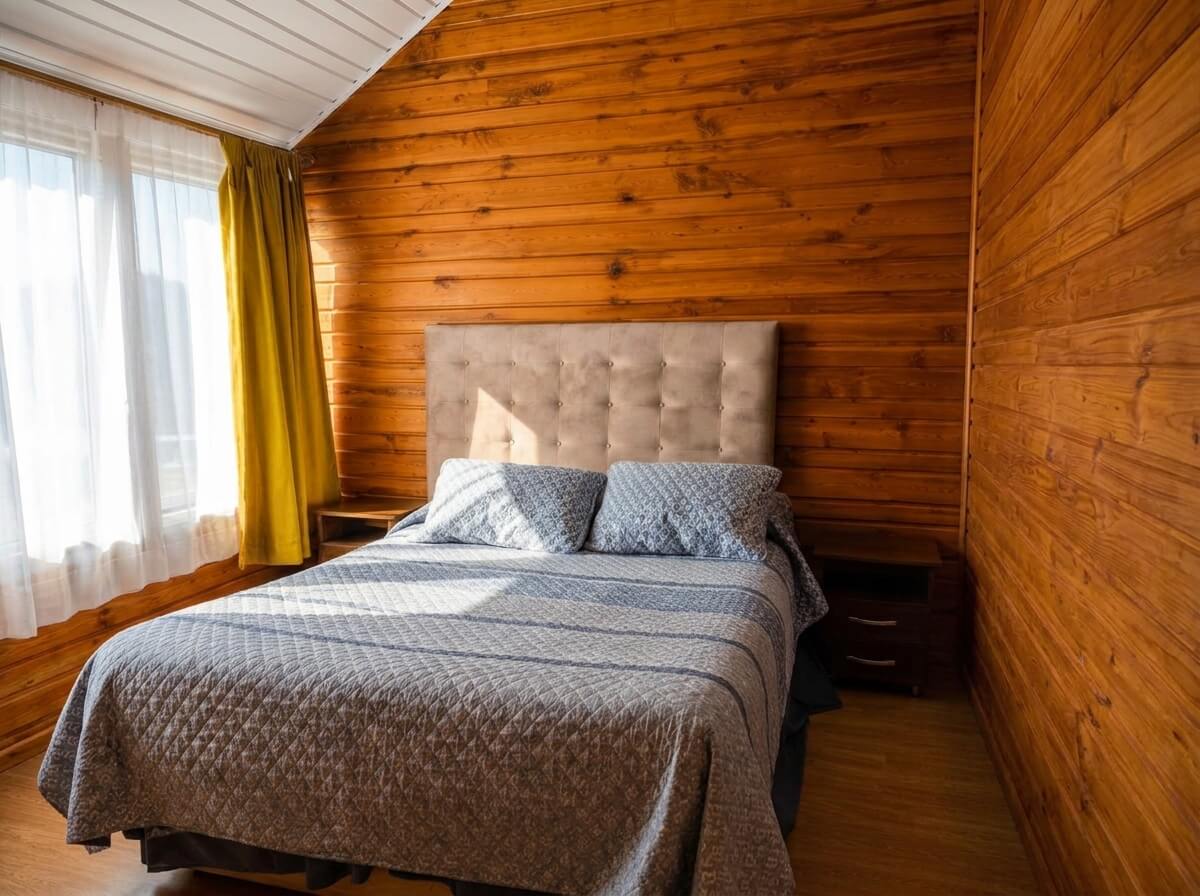 Dormitorio de una cabaña con cama matrimonial