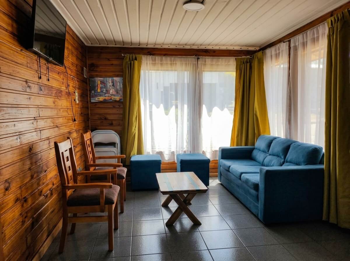 Living de una cabaña con sofá y mesa de centro